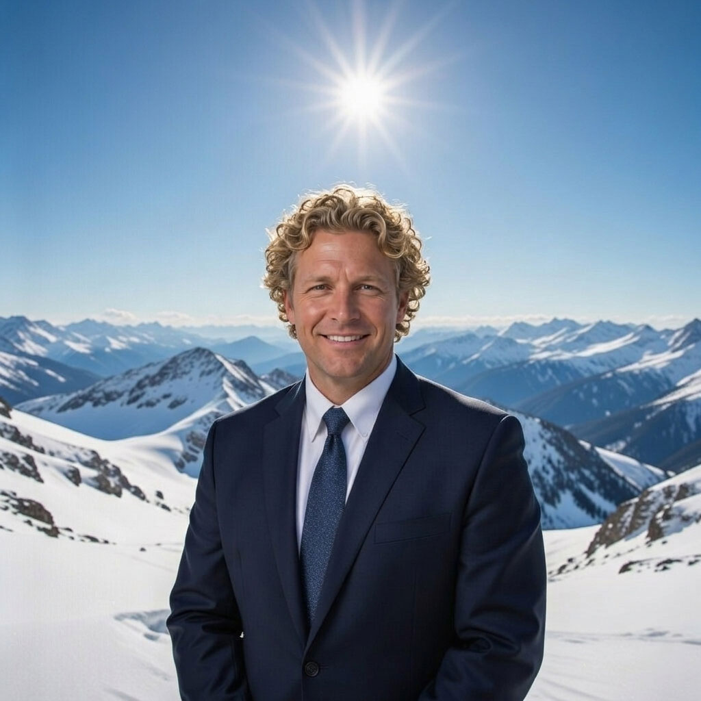 An imagined portrait of Johann Switzer, a Swiss-heritage physician figure, standing before the snow-covered peaks of the mountain West.